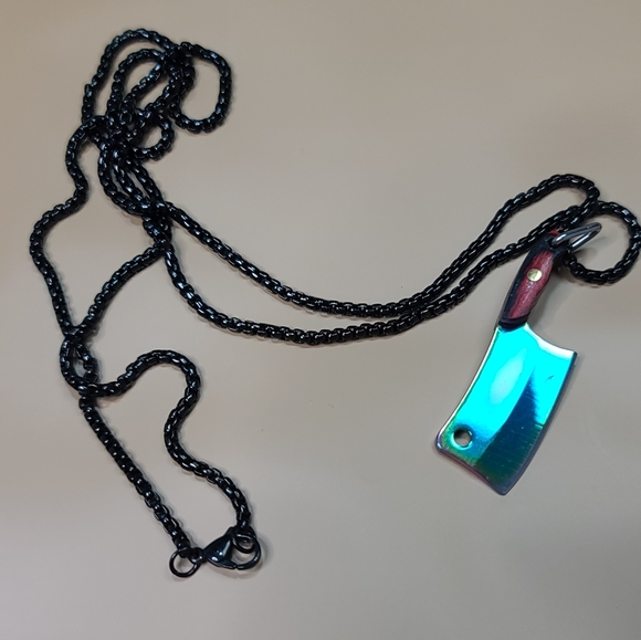 Hatchet Cleaver Wood Butcher Knife Iridescent Rainbow Necklace Wood - Picture 13 of 15